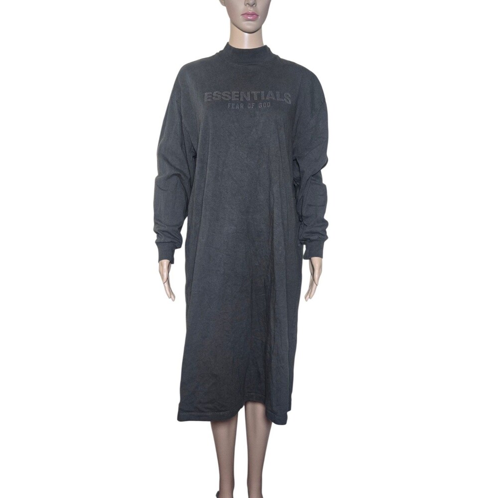 Essentials Fear Of God Womens Gray Cotton Crew Neck Long Sleeve Midi Dress Small